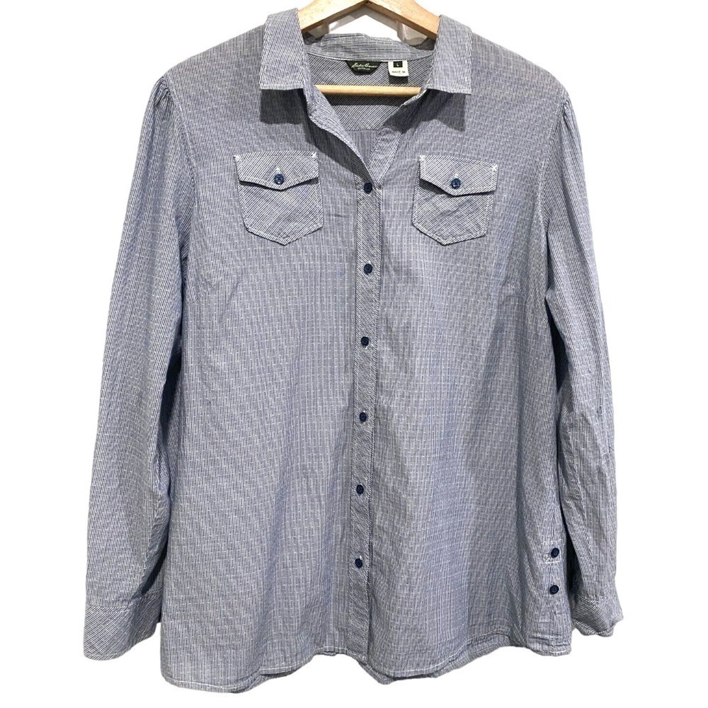 Eddie Bauer - Blue striped cotton light weight women's button up size Large